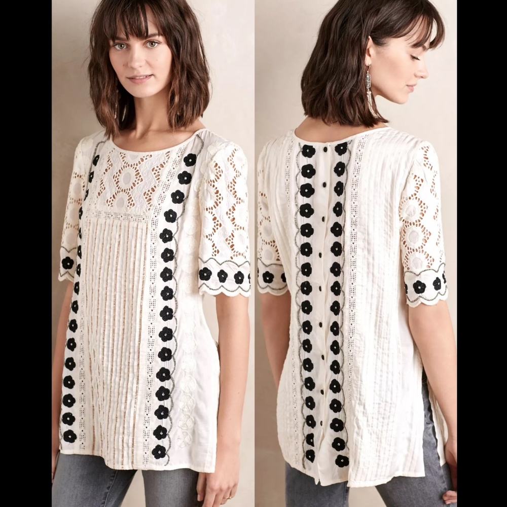 Anthropologie Floreat Veille Beaded Peasant Blouse Embroidered Ivory Top 0
